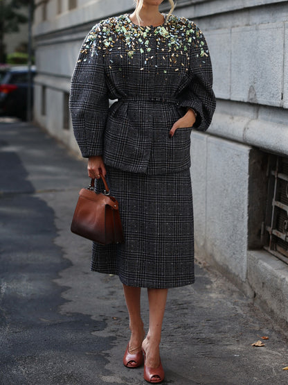 Plaid Print Rhinestone Sparkle Two Pieces Dress
