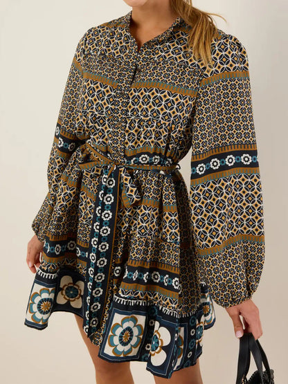 Printed Band Collar Button-front Belted Dress