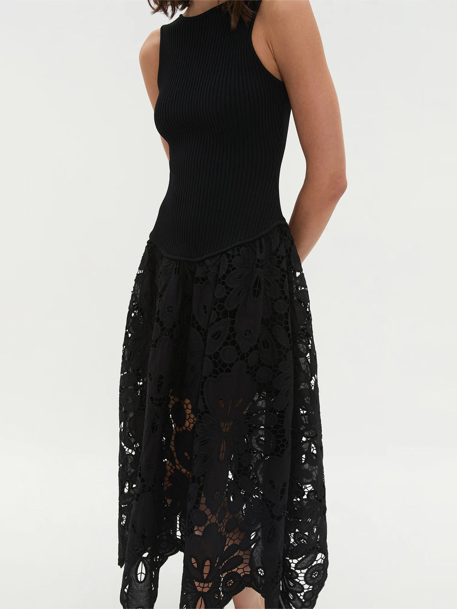 Asymmetric Ribbed-knit Lace Midi Dress