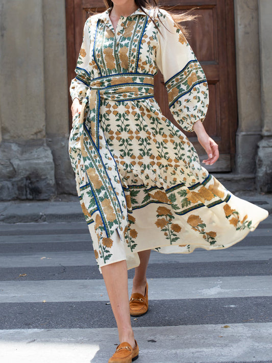 Placement Print Long Sleeve Belted Maxi Dress