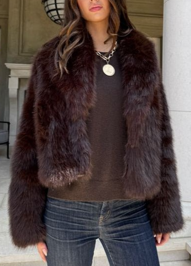 Chocolate Brown Collared Faux Fur Jacket
