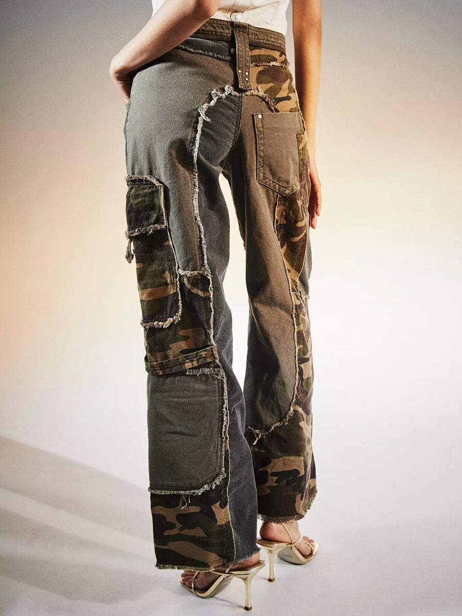 Camouflage Print Patchwork Distressed Trousers