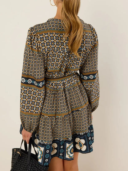 Printed Band Collar Button-front Belted Dress