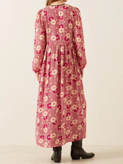 Floral Print V-neck Striped Trim Maxi Dress