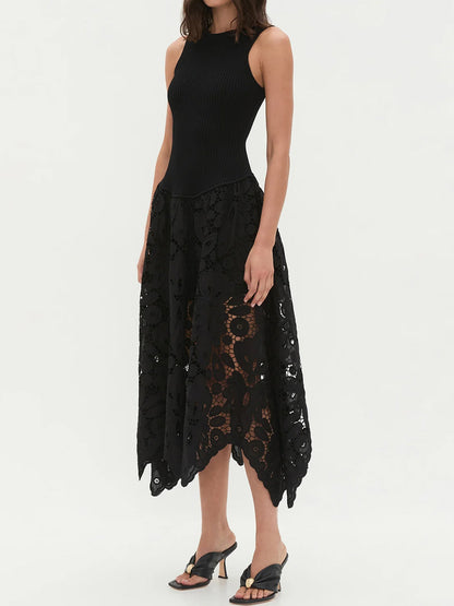 Asymmetric Ribbed-knit Lace Midi Dress