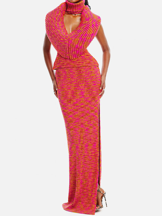 Knit Sleeveless Turtleneck Two Pieces Dress