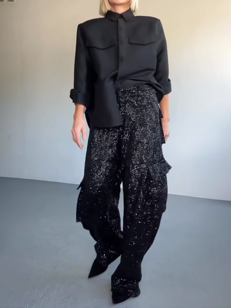 Sequined High Waist Pockets Pants