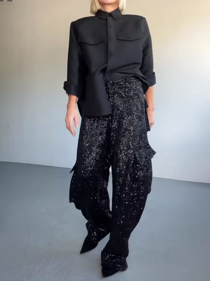 Sequined High Waist Pockets Pants
