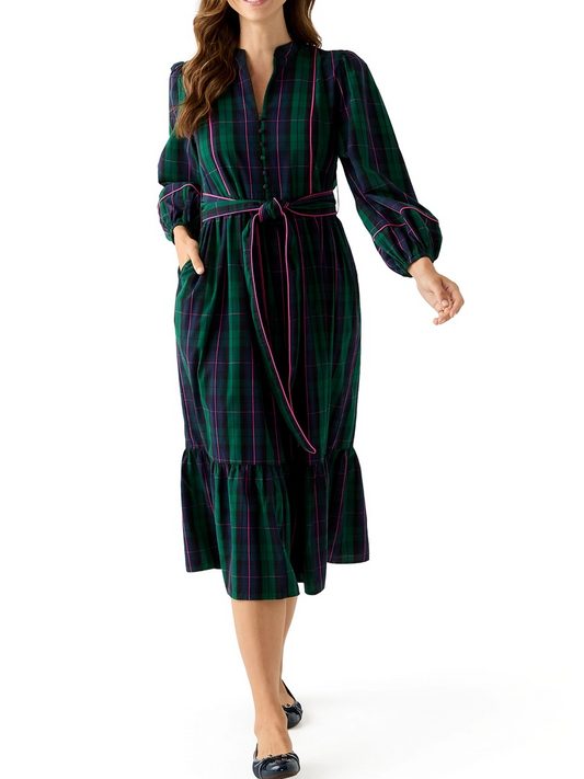 Women's Blouson Sleeve Plaid Midi Dress with Self Belt