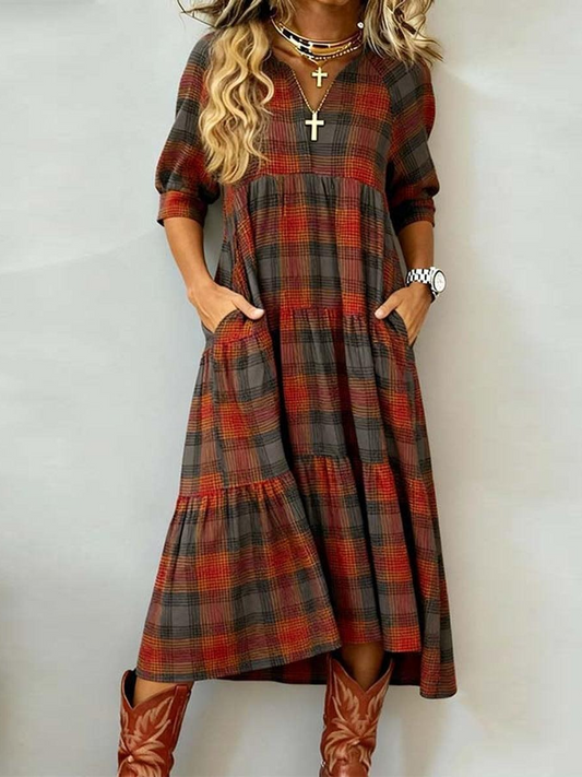 Trendy Red Long Sleeve Plaid Midi Dress