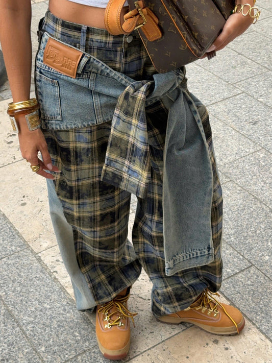 Check Print Patchwork Jeans