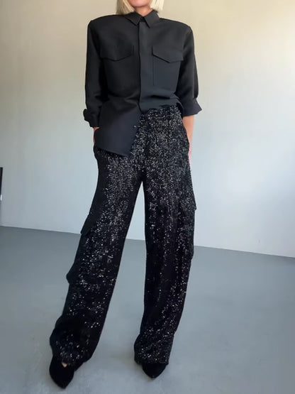 Sequined High Waist Pockets Pants