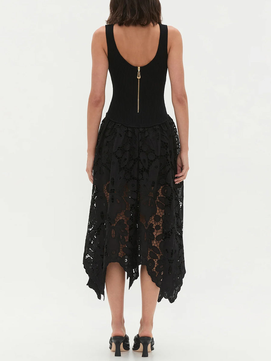 Asymmetric Ribbed-knit Lace Midi Dress