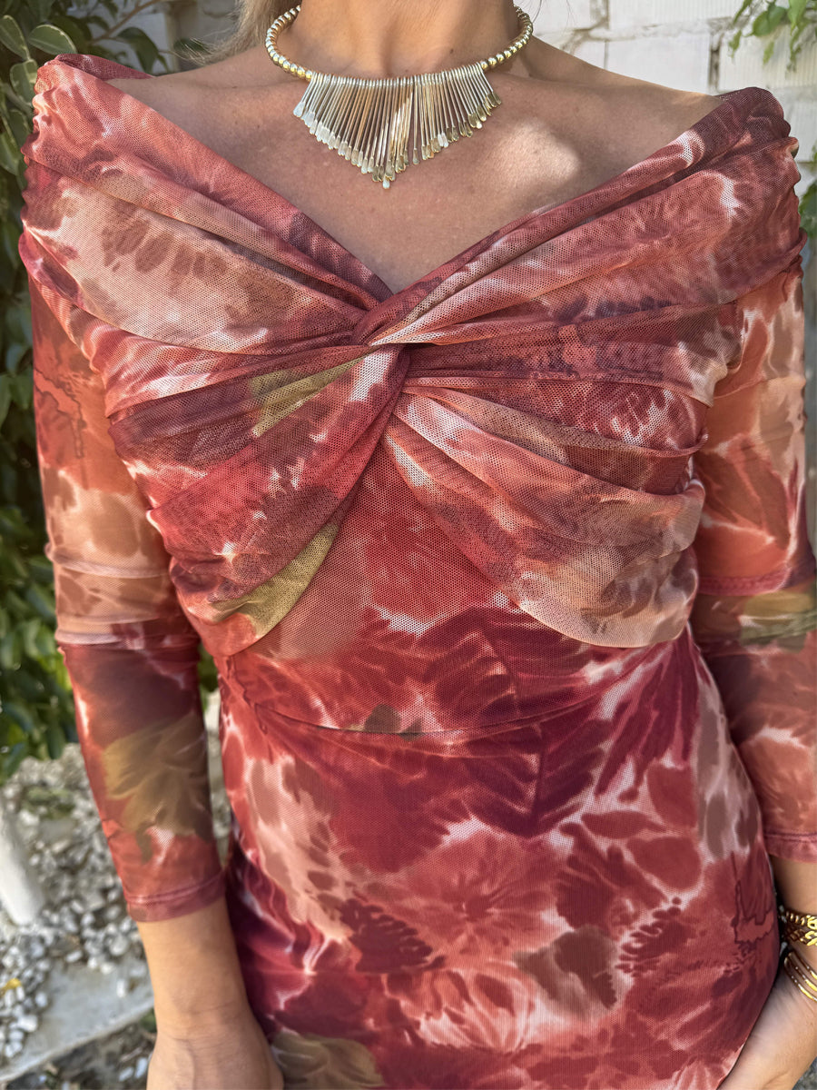Deep V Neck Printed Knotted Dress
