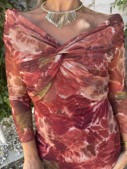 Deep V Neck Printed Knotted Dress