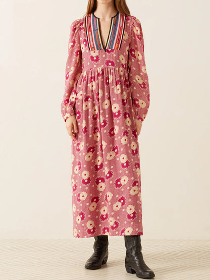 Floral Print V-neck Striped Trim Maxi Dress