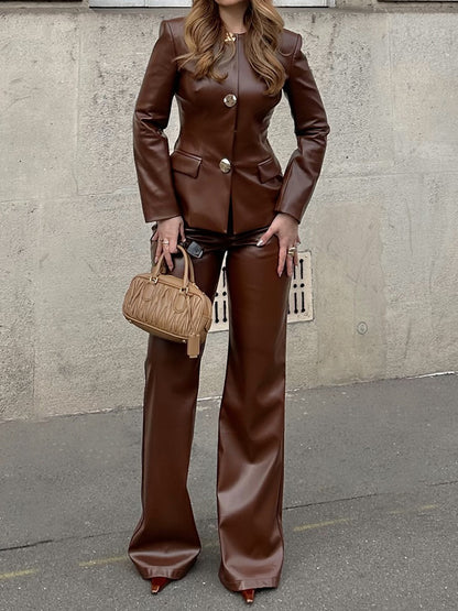 Elegant Button Up PU Blazer