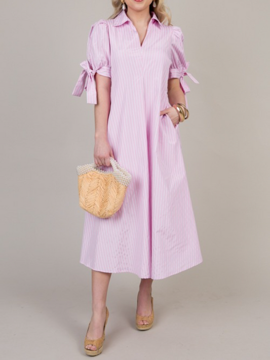 Bow Sleeve Pinstripe Maxi Dress