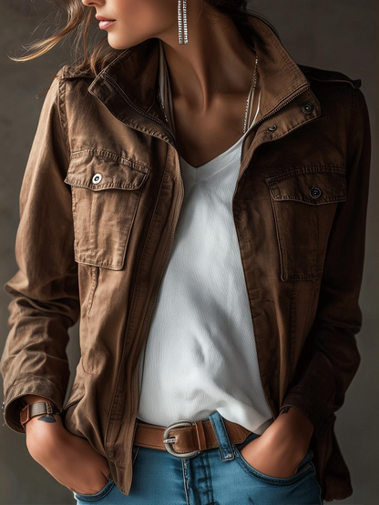 Classic Brown Utility Jacket – Timeless Cotton Field Style With Functional Pockets