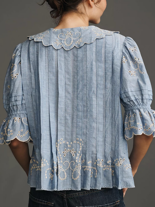 Short-Sleeve Collared Pleated Blouse
