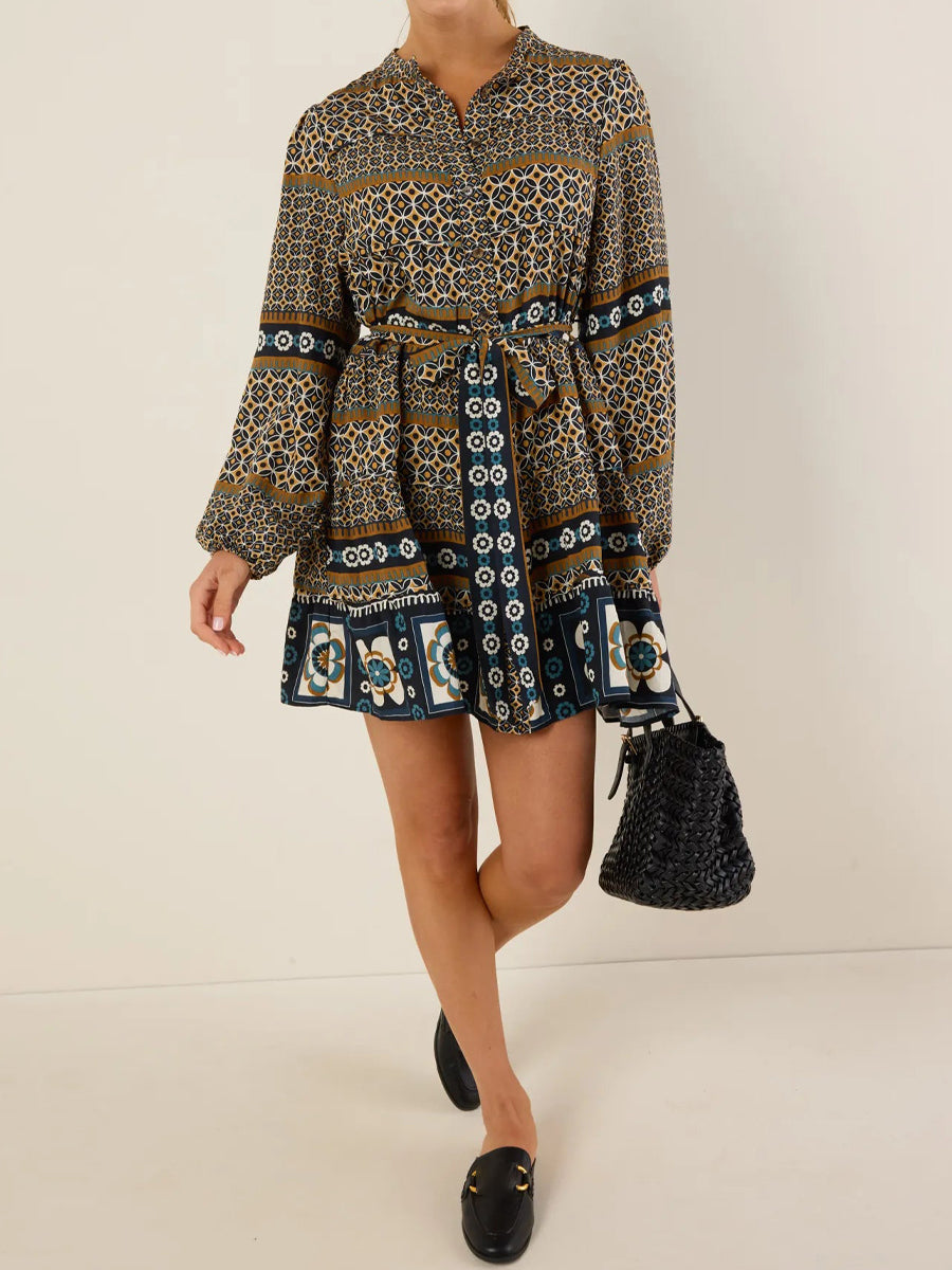 Printed Band Collar Button-front Belted Dress