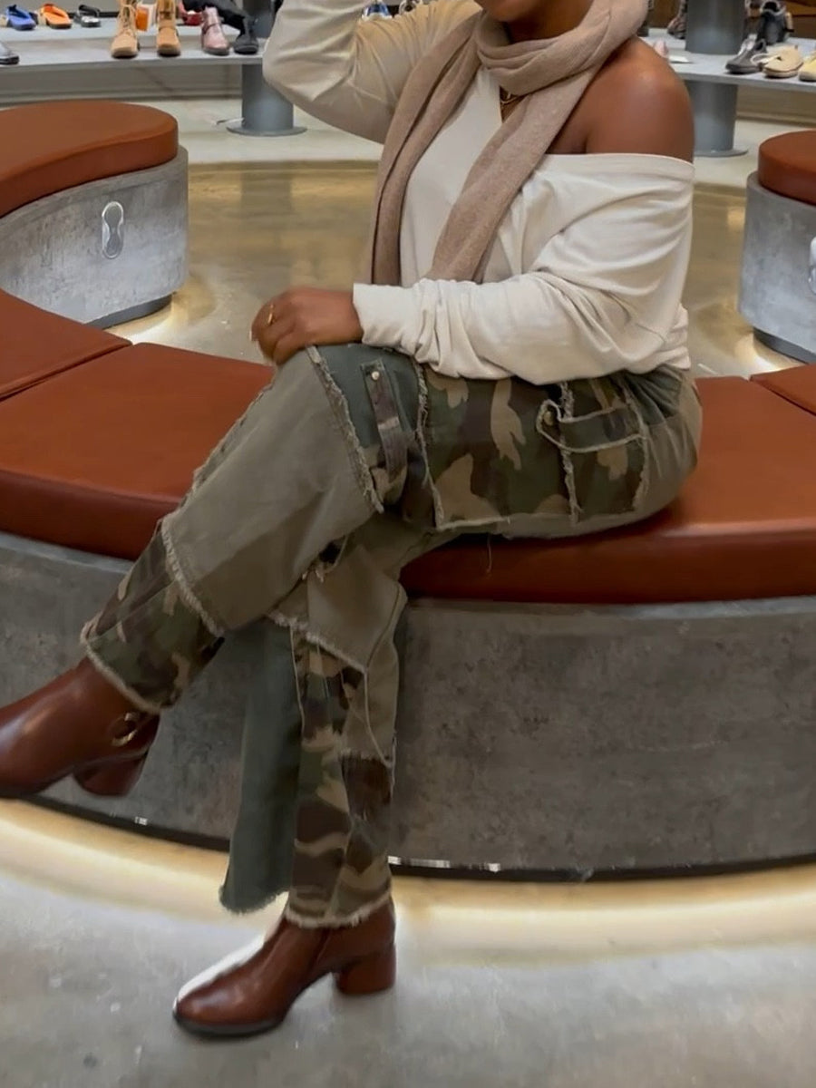Camouflage Print Patchwork Distressed Trousers