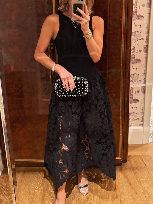 Asymmetric Ribbed-knit Lace Midi Dress