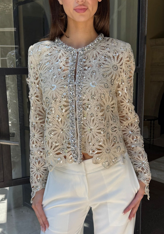 Rhinestone and Sequin Adorned Crochet Lace Cardigan Top