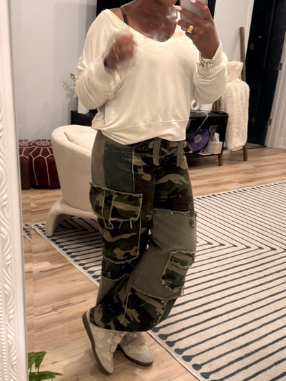 Camouflage Print Patchwork Distressed Trousers