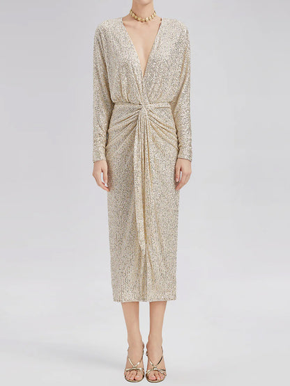 Elegant V Neck High Slit Sequin Dress