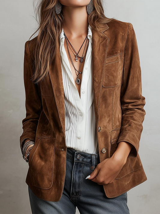 Brown Plain Long Sleeve Blazer