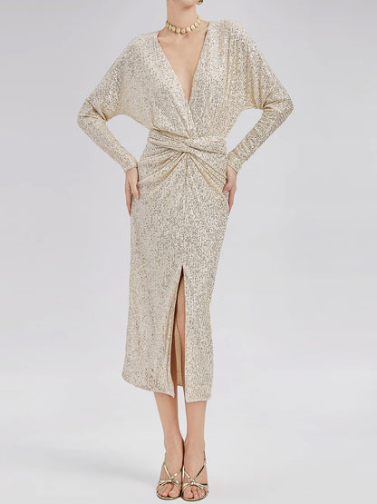 Elegant V Neck High Slit Sequin Dress