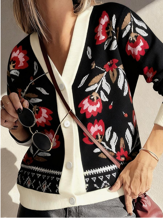 Chic Floral Knit Cardigan – Black With Vibrant Embroidered Pattern
