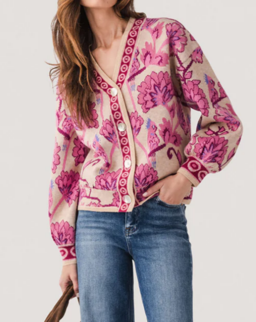 Pink Floral Jacquard Cardigan