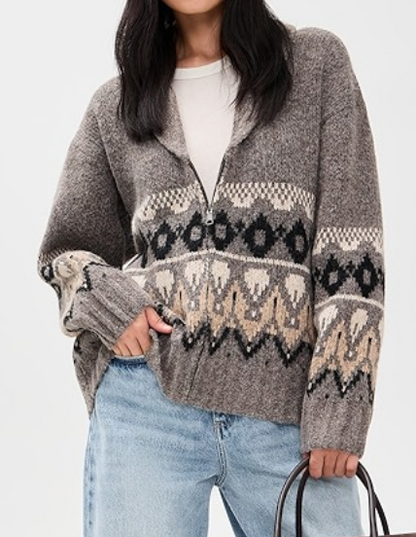Grey Fair Isle Pattern Cardigan