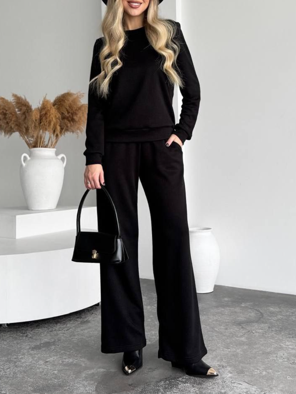 Knitted suit with wide pants two-piece suit