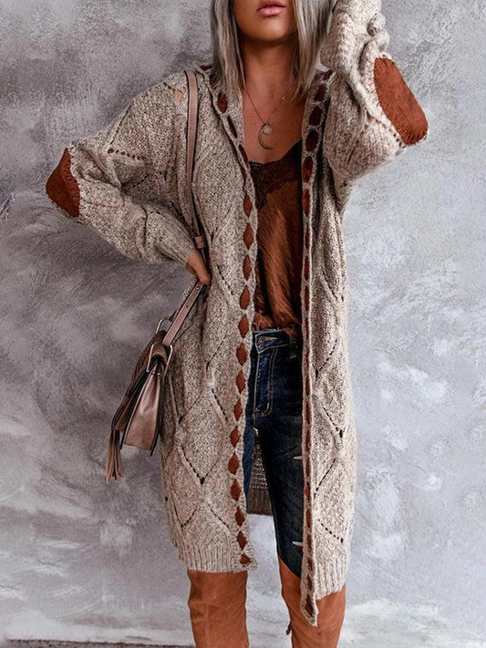 Hoodie Khaki Diamond Elbow Patch Long Cardigan Sweater