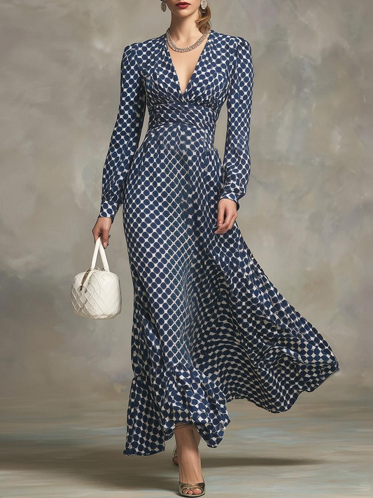 Blue Polka Dot Maxi Dress – Long Sleeve, Deep V-Neck with Draped Waist
