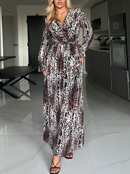 Wild Leopard Print Maxi Wrap Dress With Belted Waist