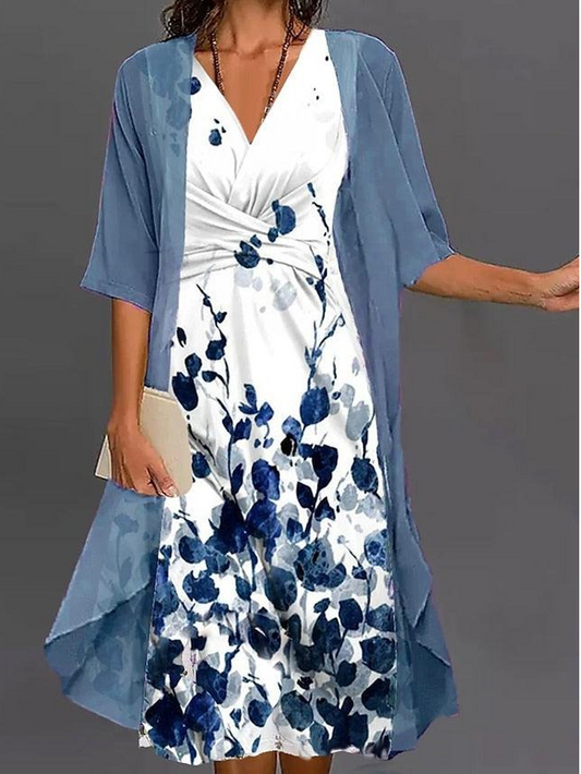 Floral Two Piece Midi Dress With Thin Jacket Two Piece Outfits