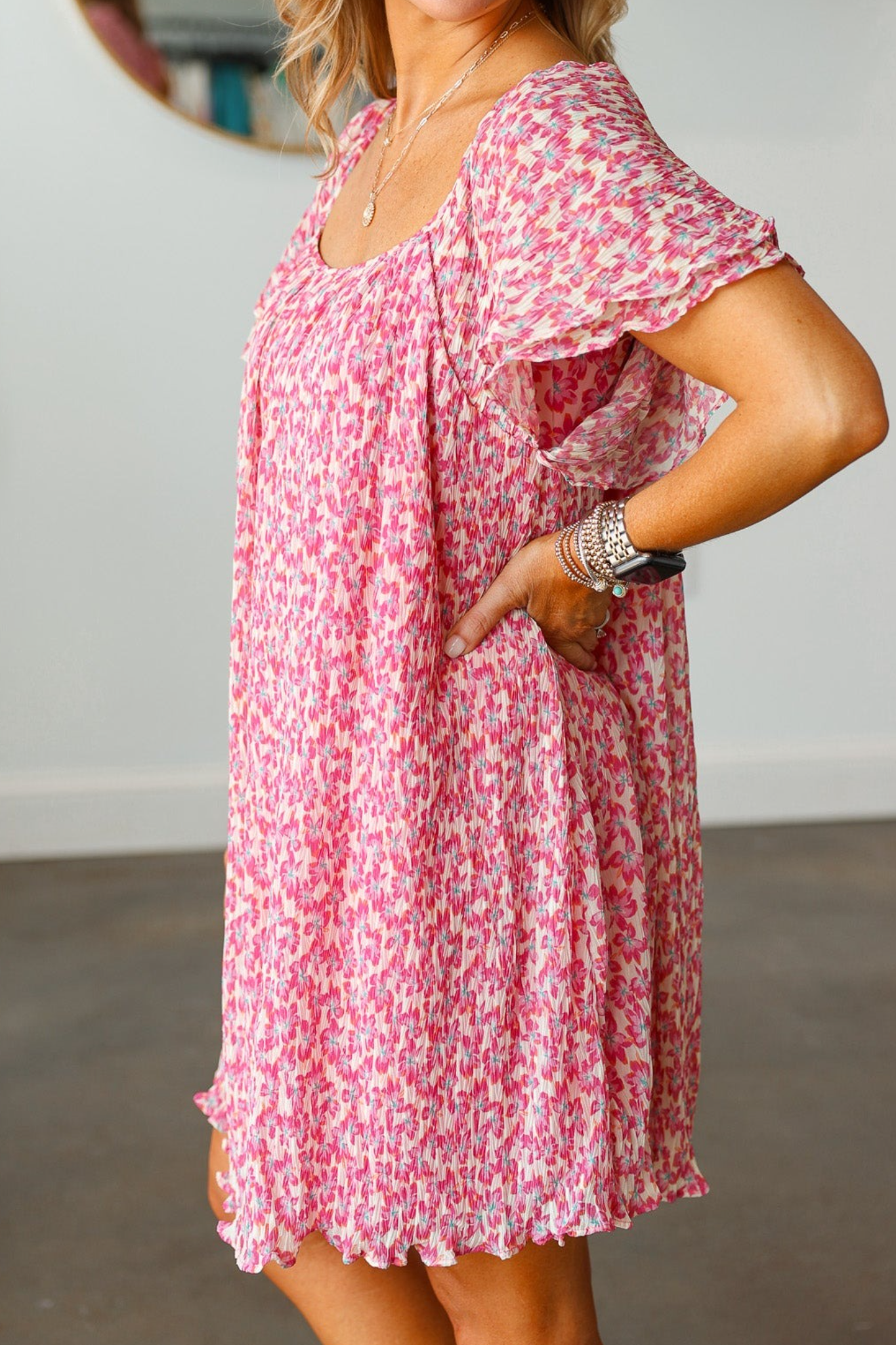 Pink Ditsy Floral Ruffle Sleeve Mini Dress