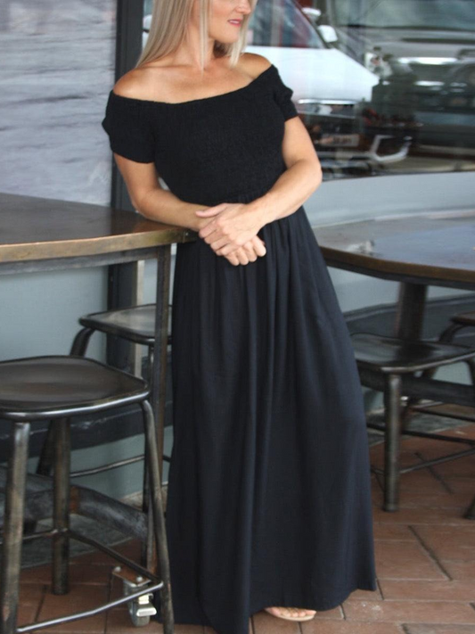 Black Off-the-Shoulder Plain Maxi Dress With Flowing A-Line Skirt