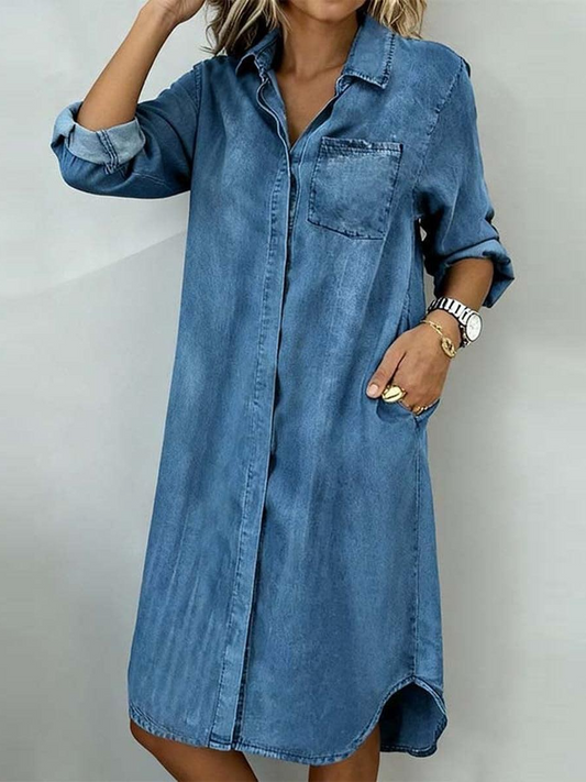 Denim Shirt Mini Dress – Button-Down with Relaxed Fit and Front Pocket